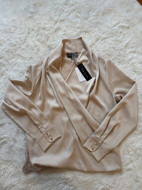 Gracia Satin Wrap Blouse in Beige